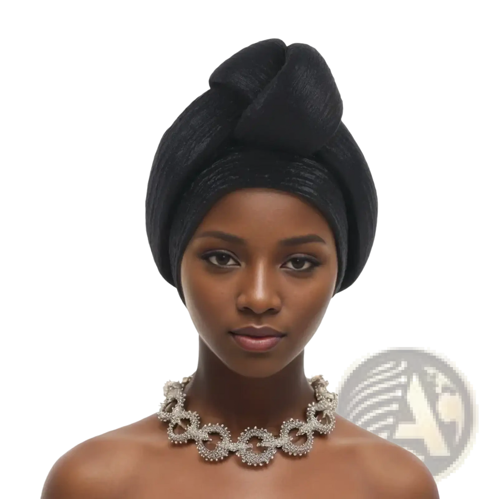 Black textured glitter turban headwrap for women styled in a high elegant knot suitable for Nigerian wedding party