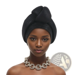 Black textured glitter turban headwrap for women styled in a high elegant knot suitable for Nigerian wedding party