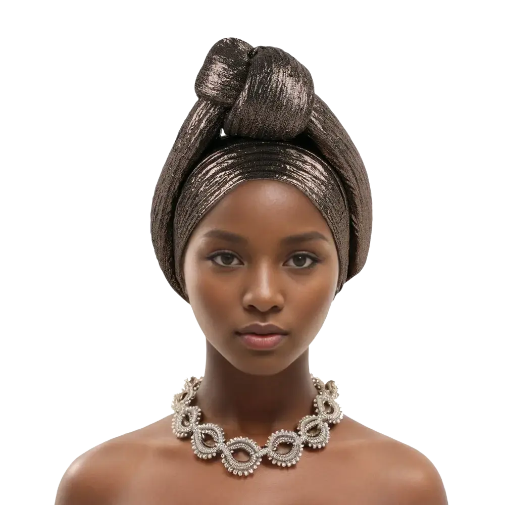 Shimmering metallic brown glitter turban headwrap with high elegant knot for Nigerian wedding party women