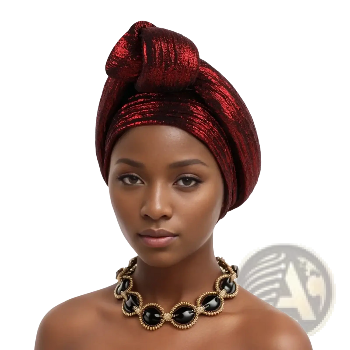 A rich metallic red glitter turban headwrap with glossy textured fabric and an elegant knot for Nigerian wedding parties
