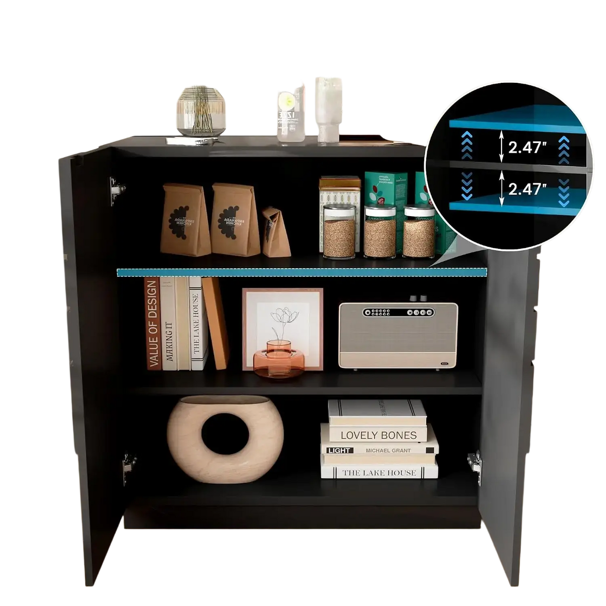 Gloss black accent cabinet with adjustable wooden shelves and a blue shelf accent showcasing cabinet features