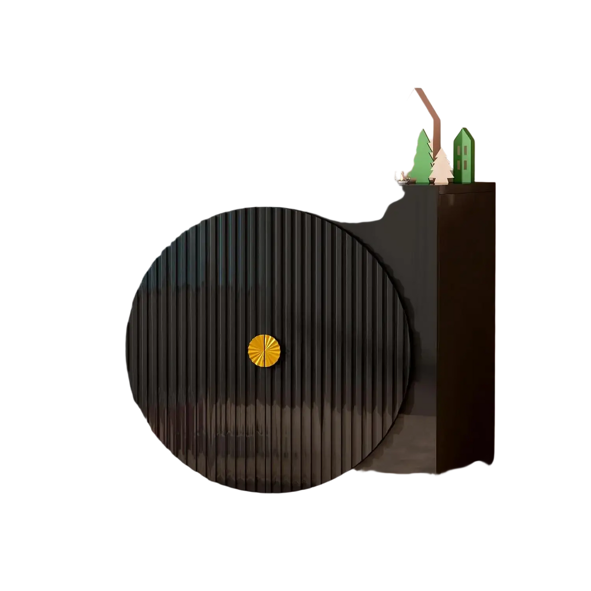 Gloss black accent wooden cabinet with vertical slats and a circular gold knob featuring adjustable shelves