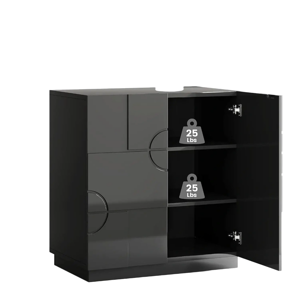 Gloss black accent cabinet with black glossy finish wooden cabinet features circular handles and adjustable interior shelves