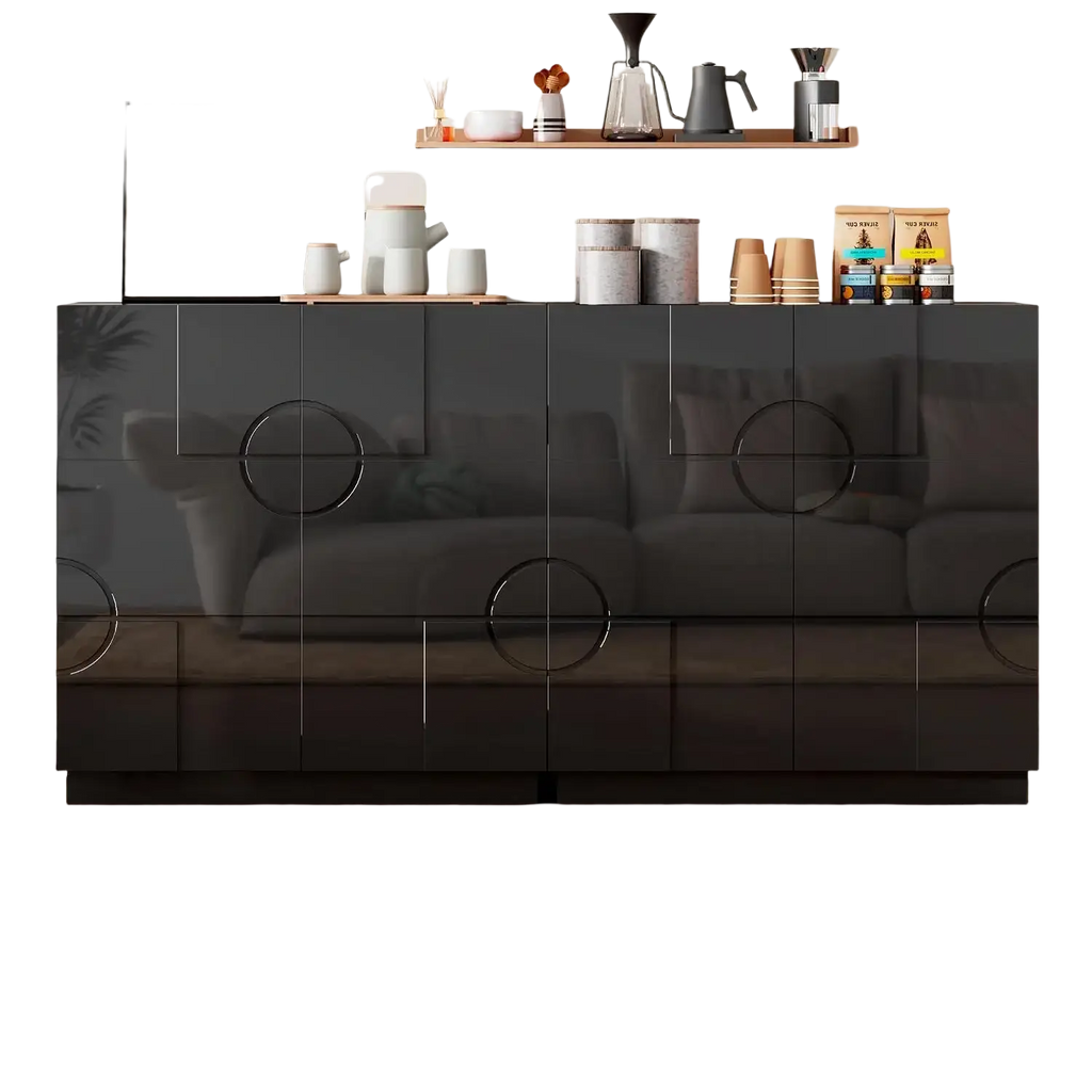 Gloss black accent cabinet with wooden high-gloss finish and circular metallic handles featuring adjustable shelves