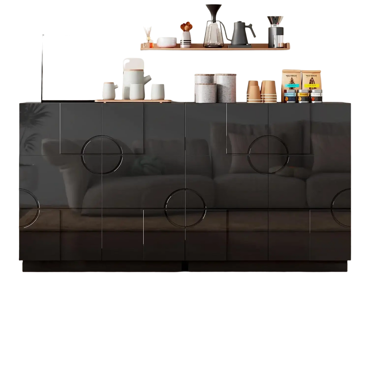 Gloss black accent cabinet with wooden high-gloss finish and circular metallic handles featuring adjustable shelves