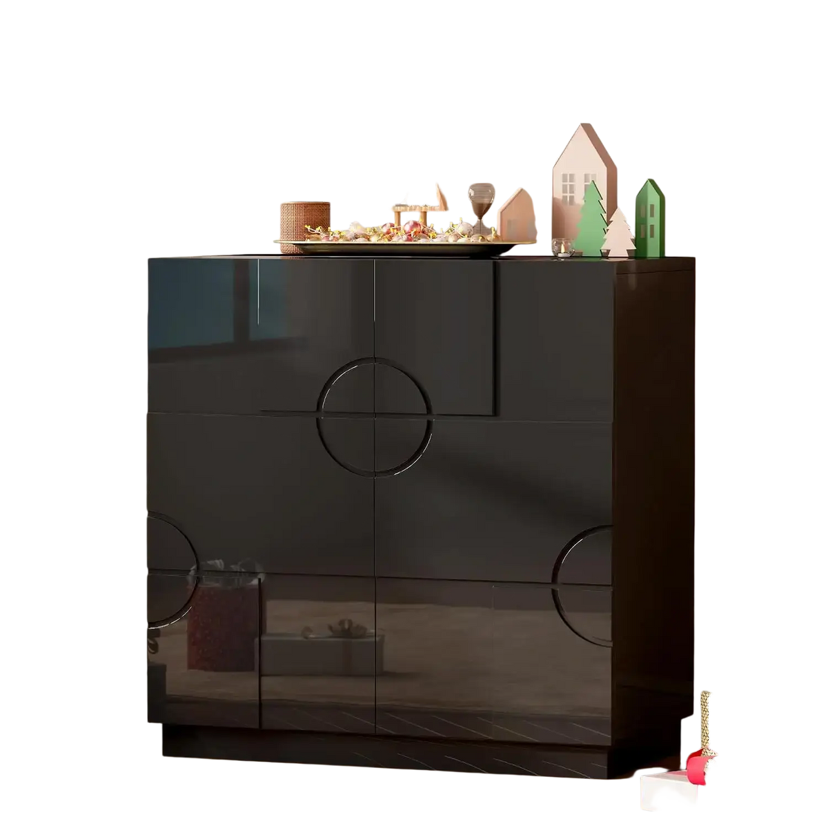Gloss black accent cabinet wooden cabinet with high-gloss finish and circular cutout handles featuring adjustable shelves