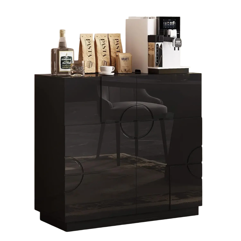 Gloss black wooden accent cabinet with high-gloss lacquer finish and circular cutout handles featuring adjustable shelves