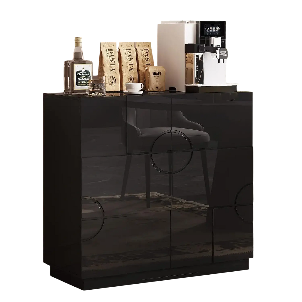 Gloss black wooden accent cabinet with high-gloss lacquer finish and circular cutout handles featuring adjustable shelves