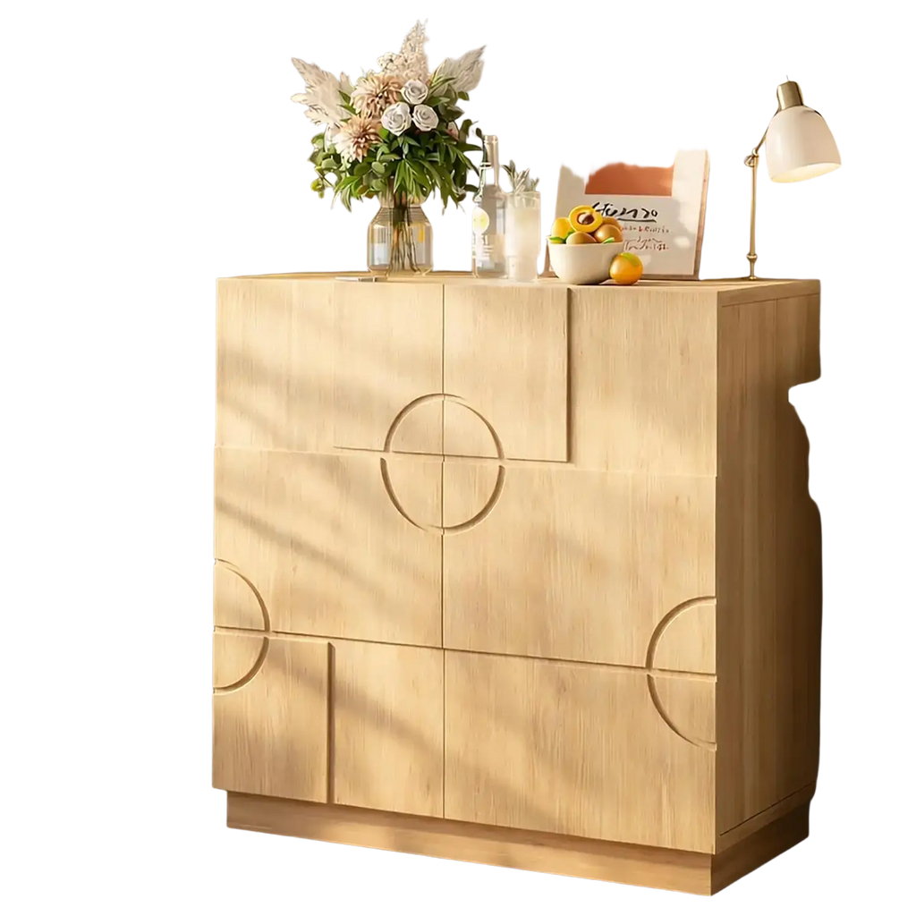 Gloss black accent cabinet with adjustable shelves featuring a light wood-finish wooden cabinet with geometric cutouts