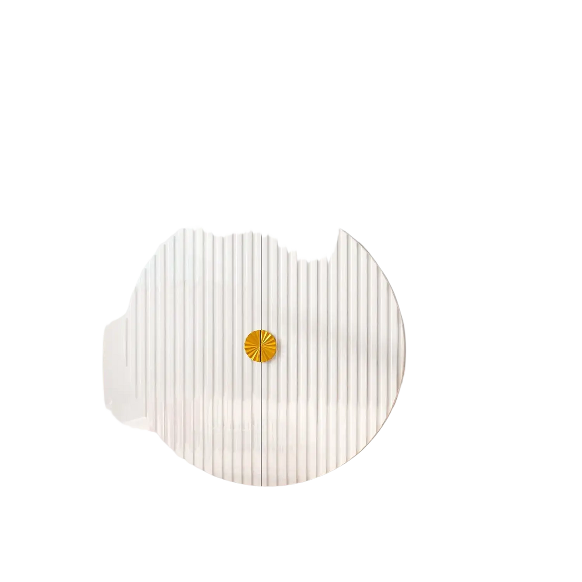 White glossy wooden accent cabinet with vertical ribbed paneling and circular gold toned handle with adjustable shelves