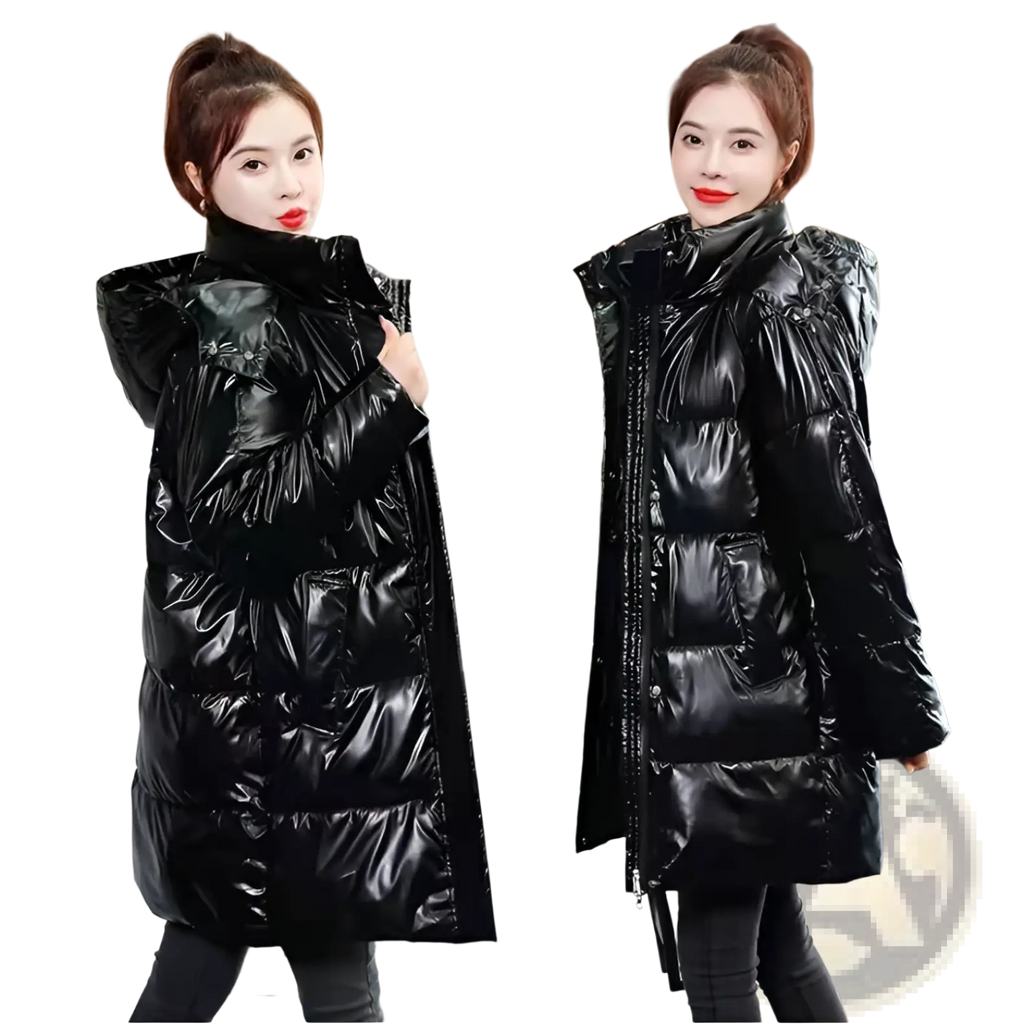 Glossy black plus size puffer jacket with high collar and quilted design made of glossy material