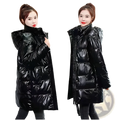 Glossy black plus size puffer jacket with high collar and quilted design made of glossy material