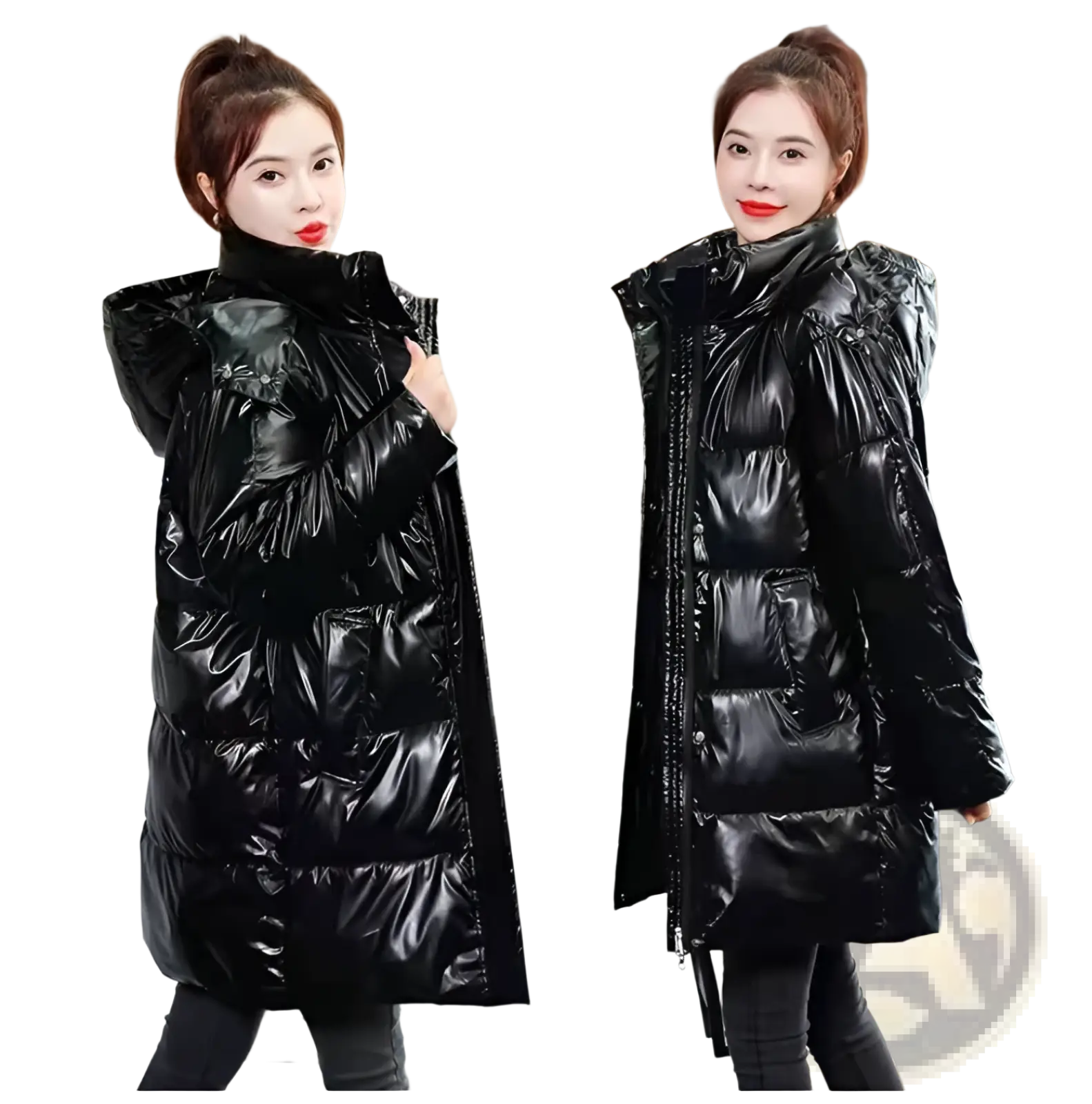 Glossy black plus size puffer jacket with high collar and quilted design made of glossy material