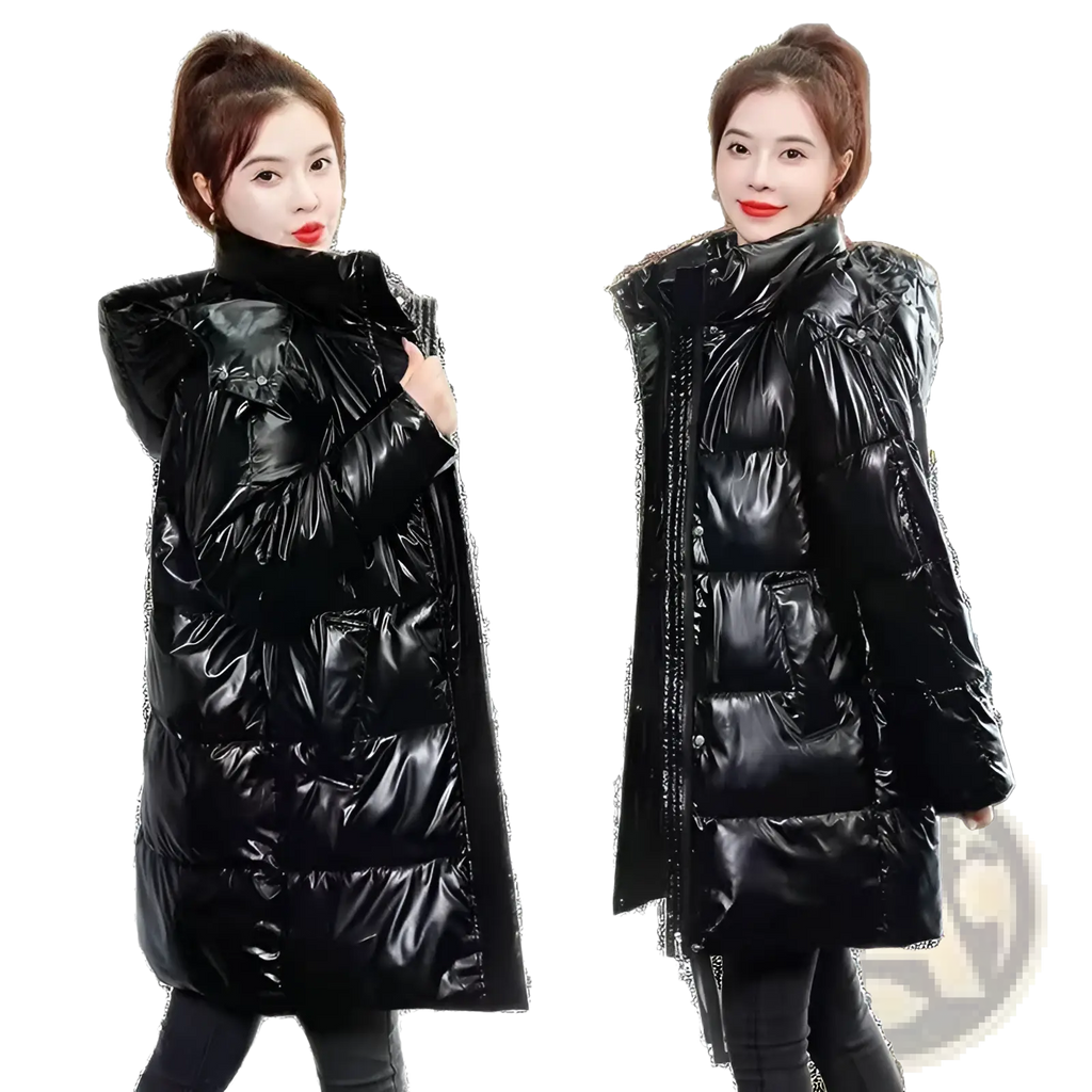 Glossy black plus size puffer jacket with quilted design and high collar in a shiny durable material