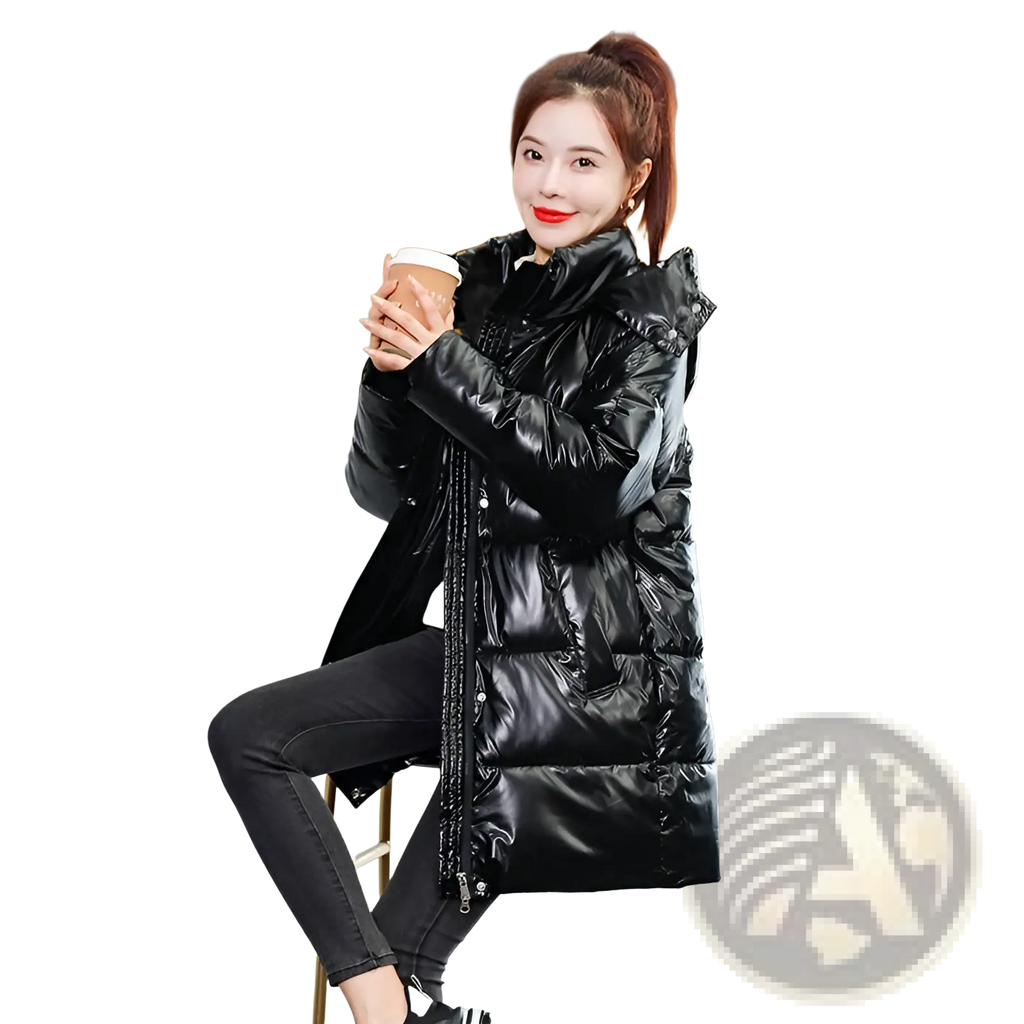 Glossy black plus size puffer jacket with hood and front zipper made of shiny insulated material for cold weather