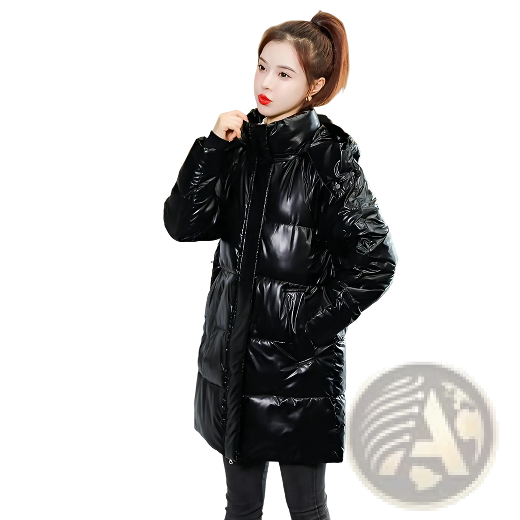 Glossy black plus size puffer jacket with quilted design and high collar made of glossy material