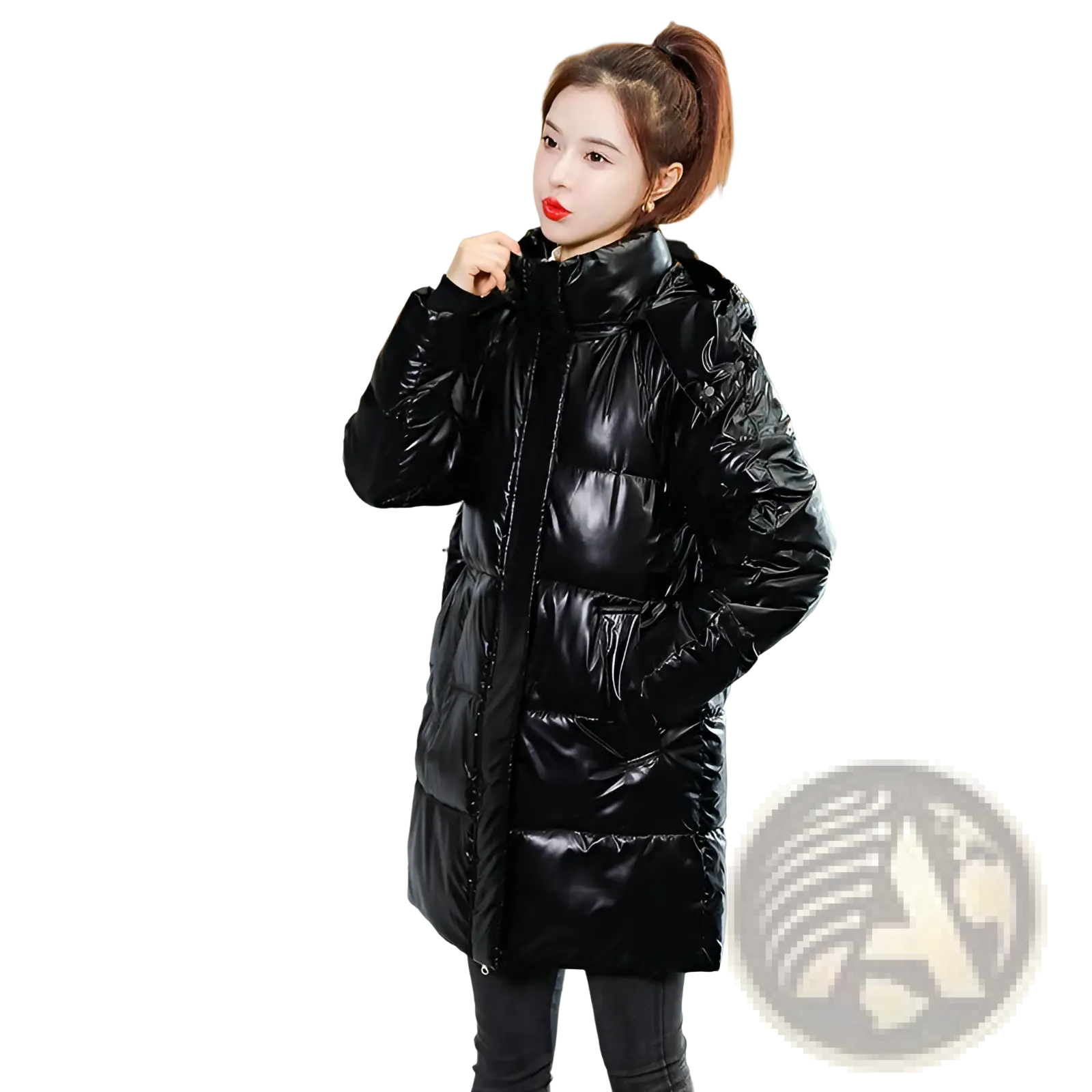 Glossy black plus size puffer jacket with quilted design and high collar made of glossy material