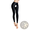 Black shiny form-fitting glossy crotchless footless leggings shown from the back with a white heart-shaped cutout