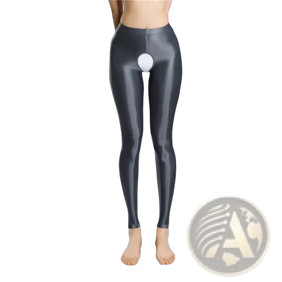 Glossy crotchless footless black shiny latex leggings with a white circular design on the front