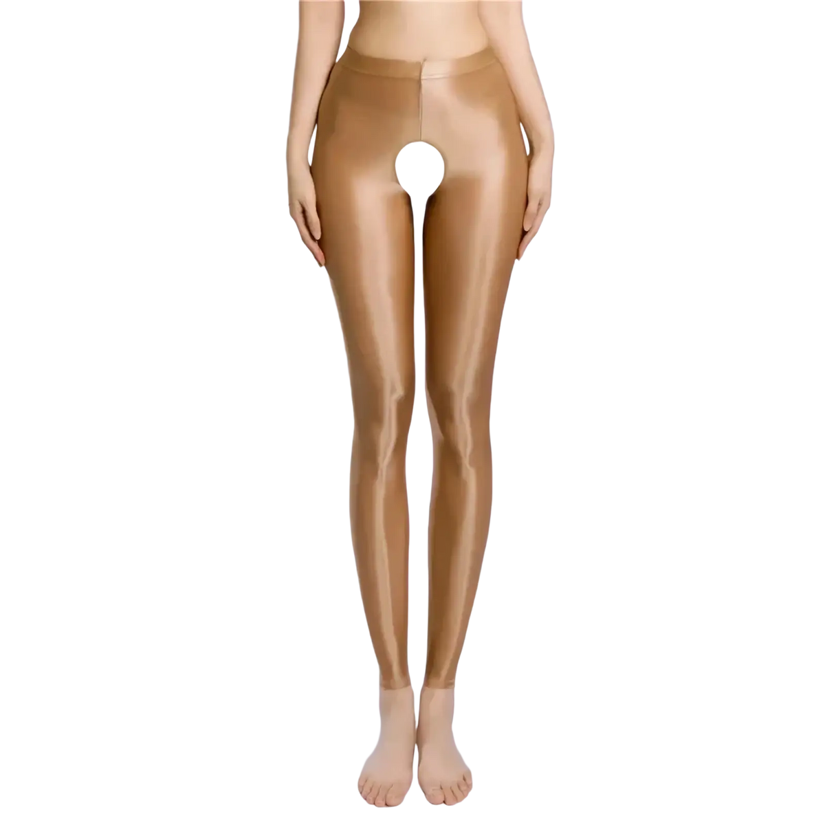 Glossy crotchless footless leggings in shiny gold metallic with high-waisted design and front white circular cutout