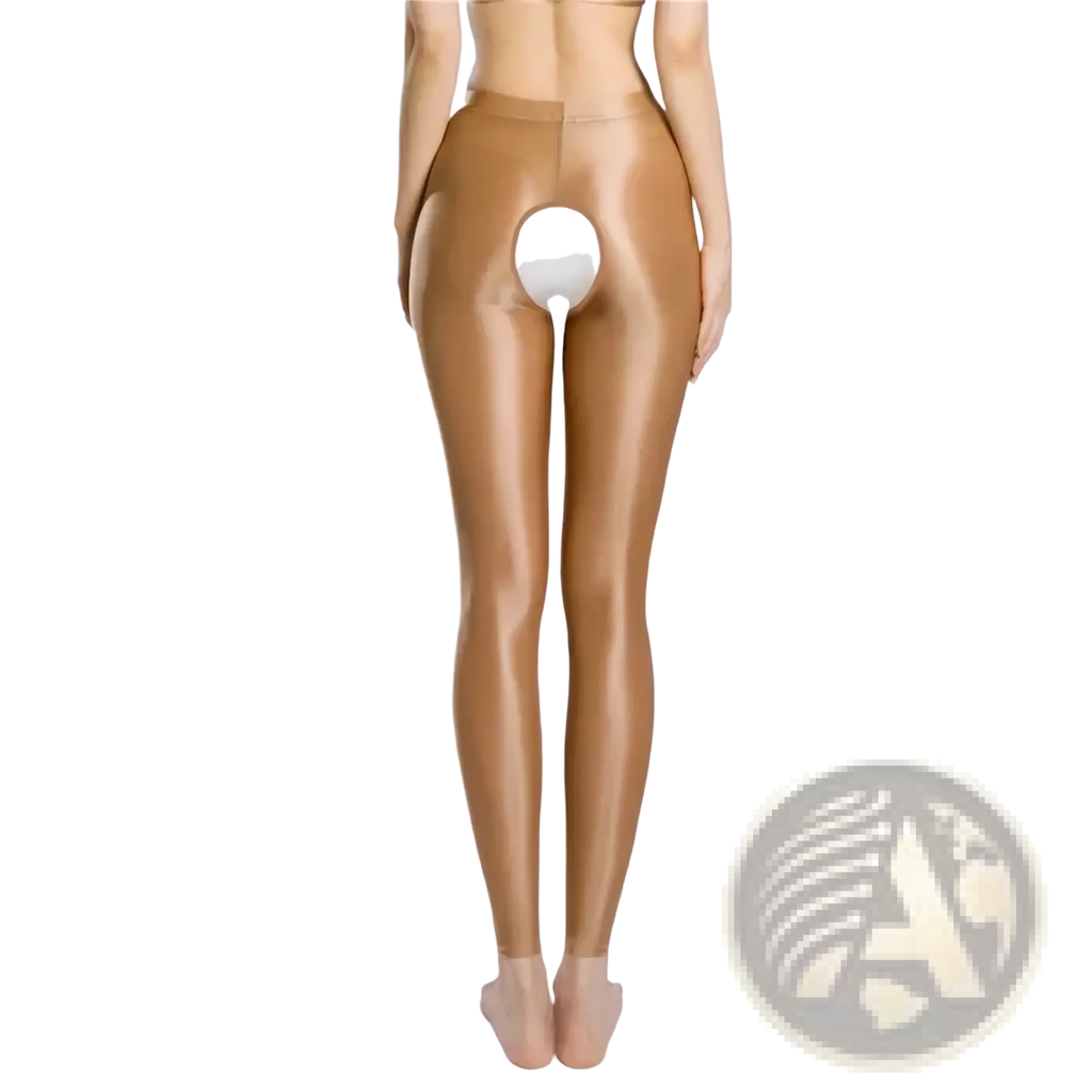 Back view of glossy crotchless footless leggings in shiny tan sheer pantyhose with a white circular cutout detail