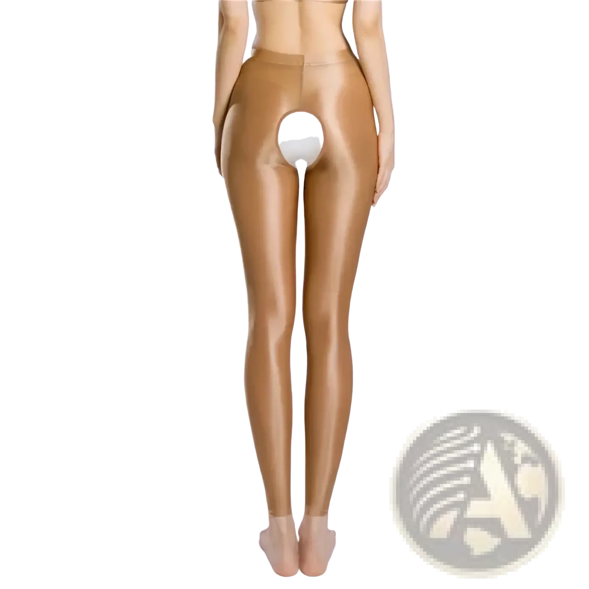 Back view of glossy crotchless footless leggings in shiny tan sheer pantyhose with a white circular cutout detail