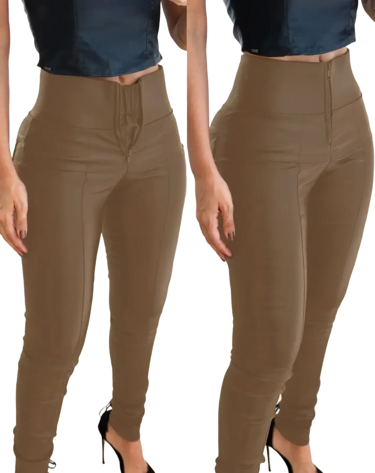 Glossy faux leather high waisted leggings in brown with a sleek form fitting design and high rise waist