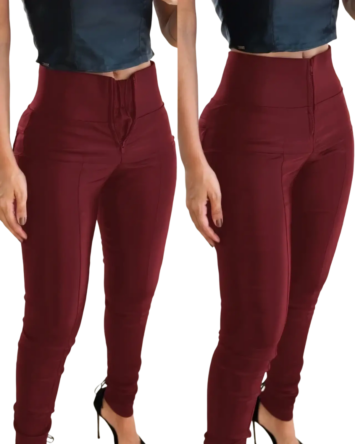Glossy faux leather high waisted leggings in maroon with a sleek stretch fabric and front zipper closure