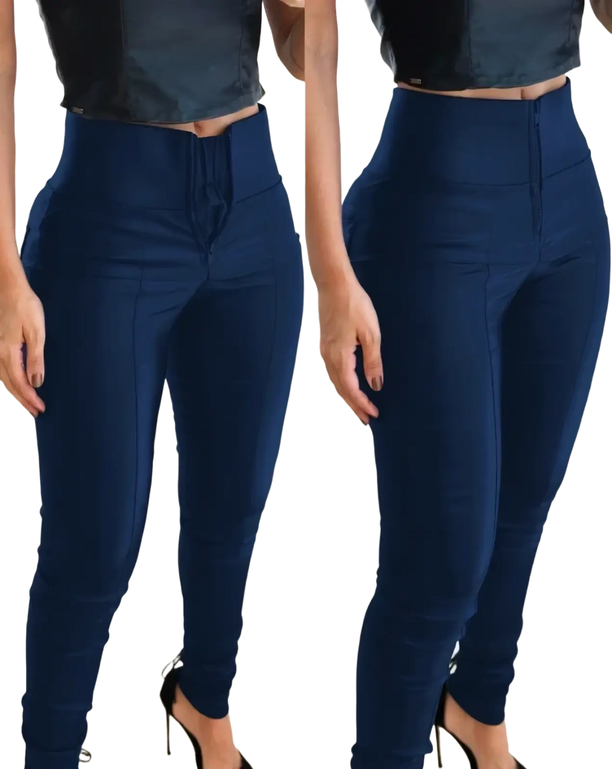 Navy blue glossy faux leather high waisted leggings with front zipper and side pockets in a form-fitting design