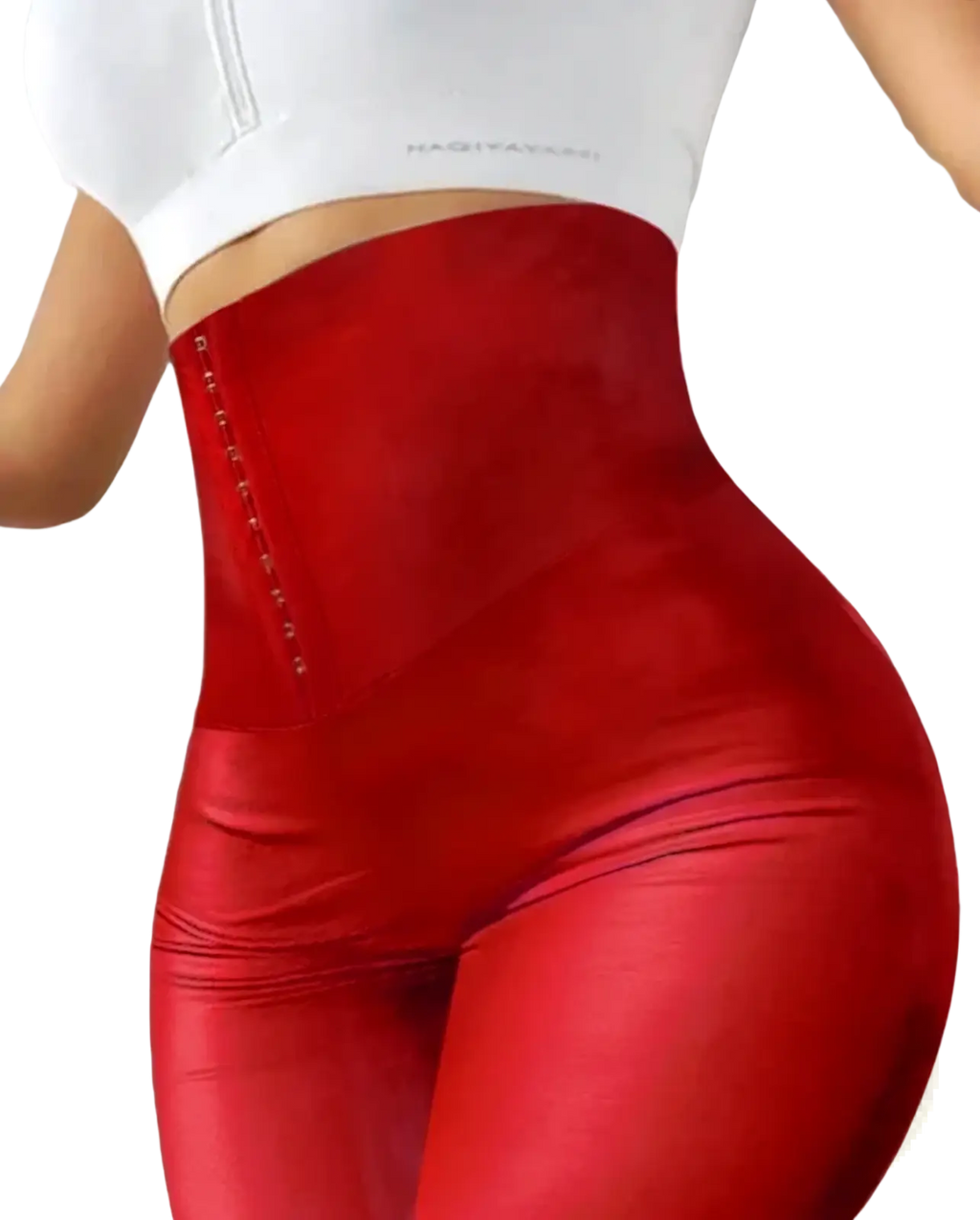Glossy faux leather high waisted red shapewear leggings with a glossy finish and side zipper detailing