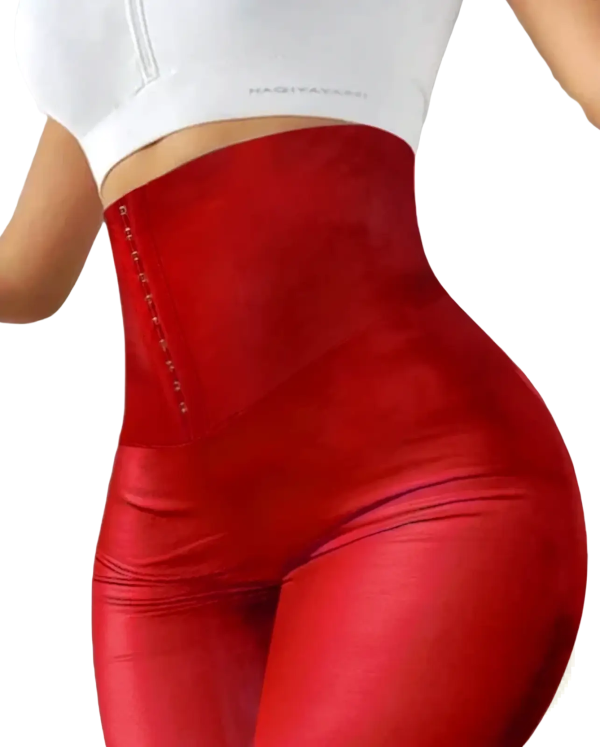Glossy faux leather high waisted red shapewear leggings with a glossy finish and side zipper detailing