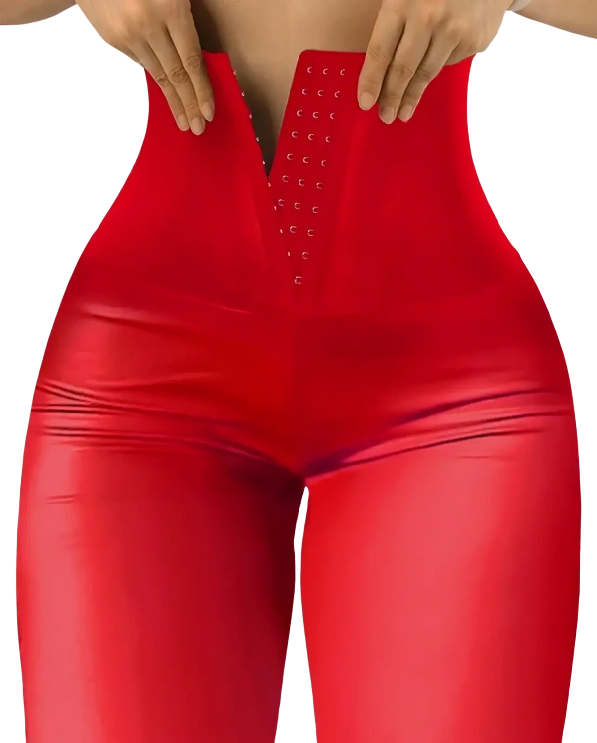 Glossy faux leather high waisted leggings in red with a glossy finish and a central front zipper closure