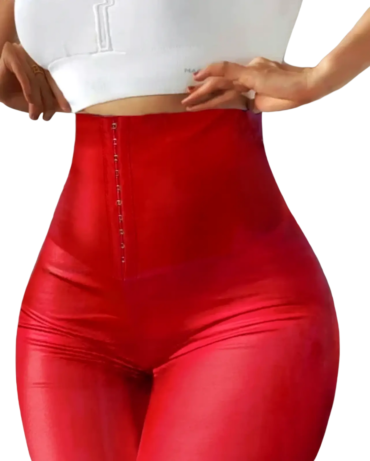 Red glossy faux leather high waisted leggings with shiny form fitting material and gold toned front buttons