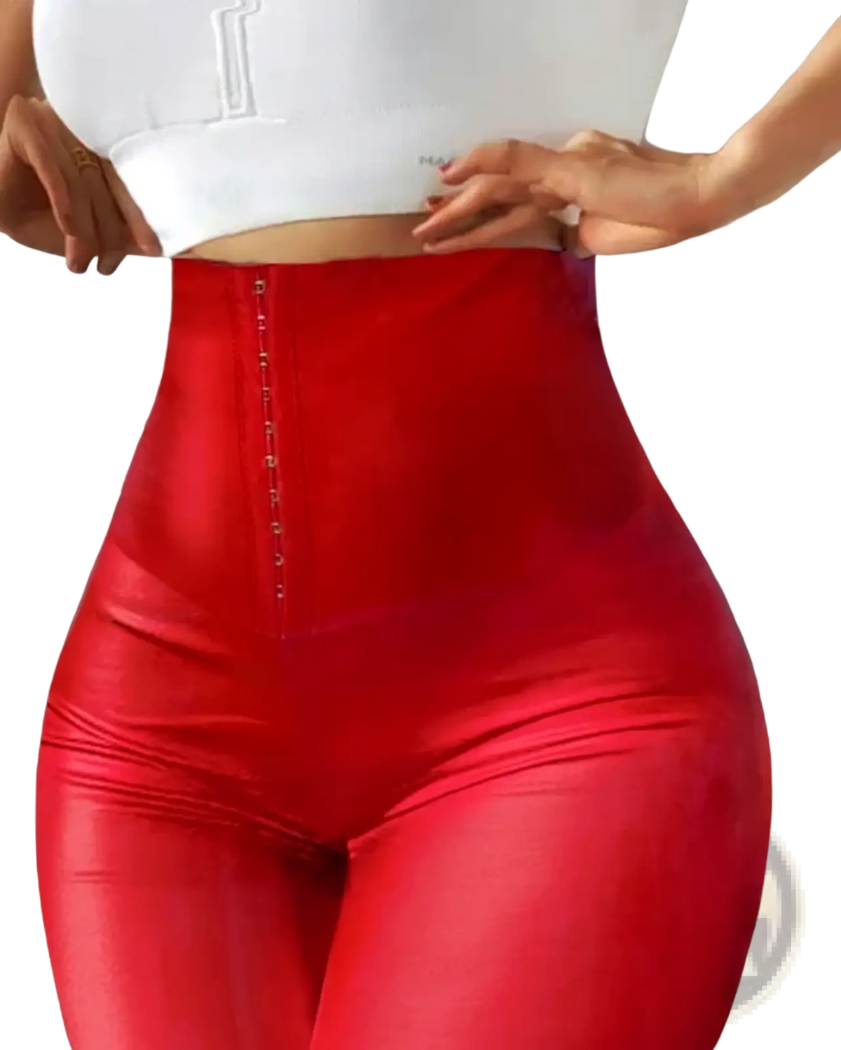 Red glossy faux leather high waisted leggings with shiny form fitting material and gold toned front buttons