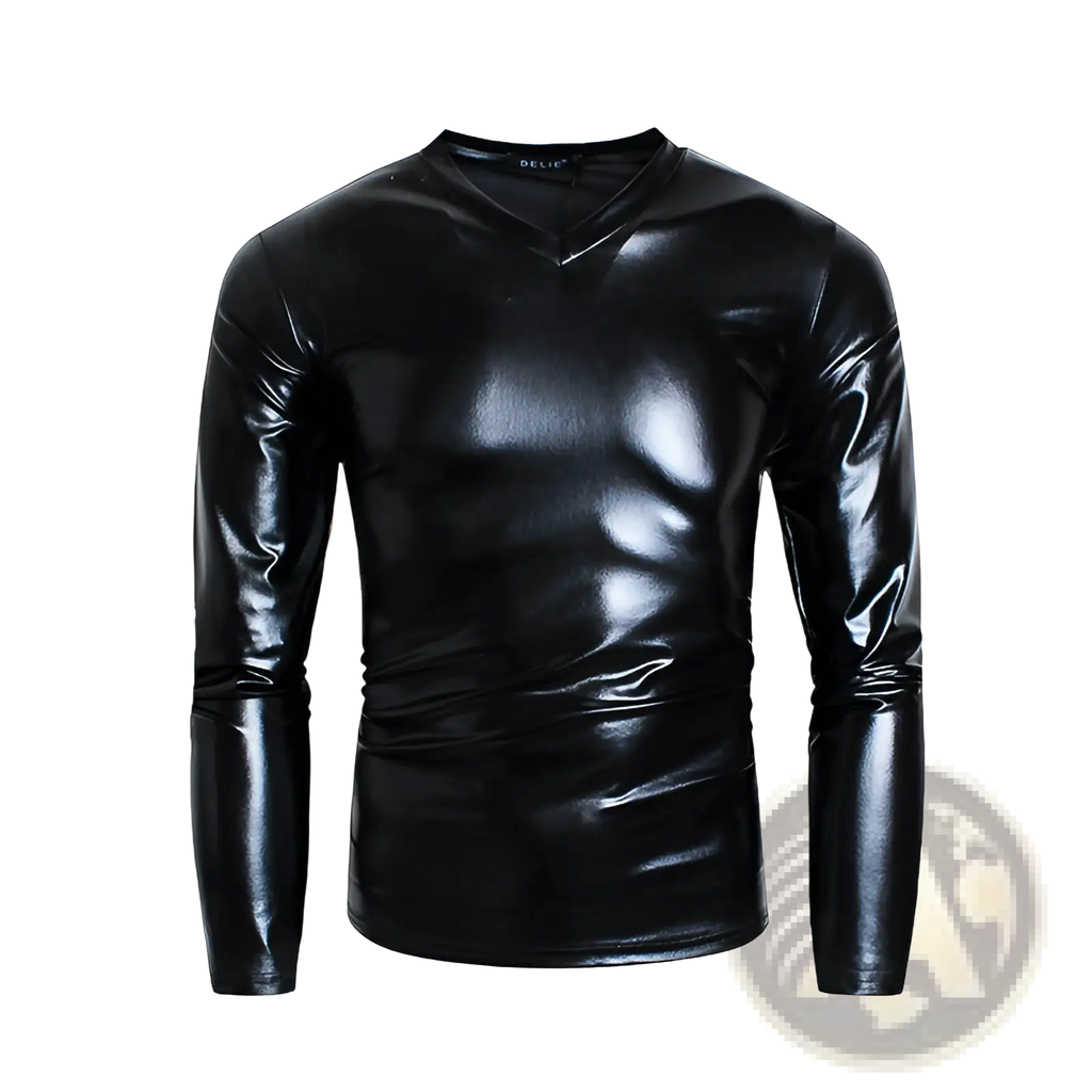 Black glossy faux leather v neck long sleeve shirt showcasing sleek texture and modern design