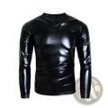 Black glossy faux leather v neck long sleeve shirt showcasing sleek texture and modern design