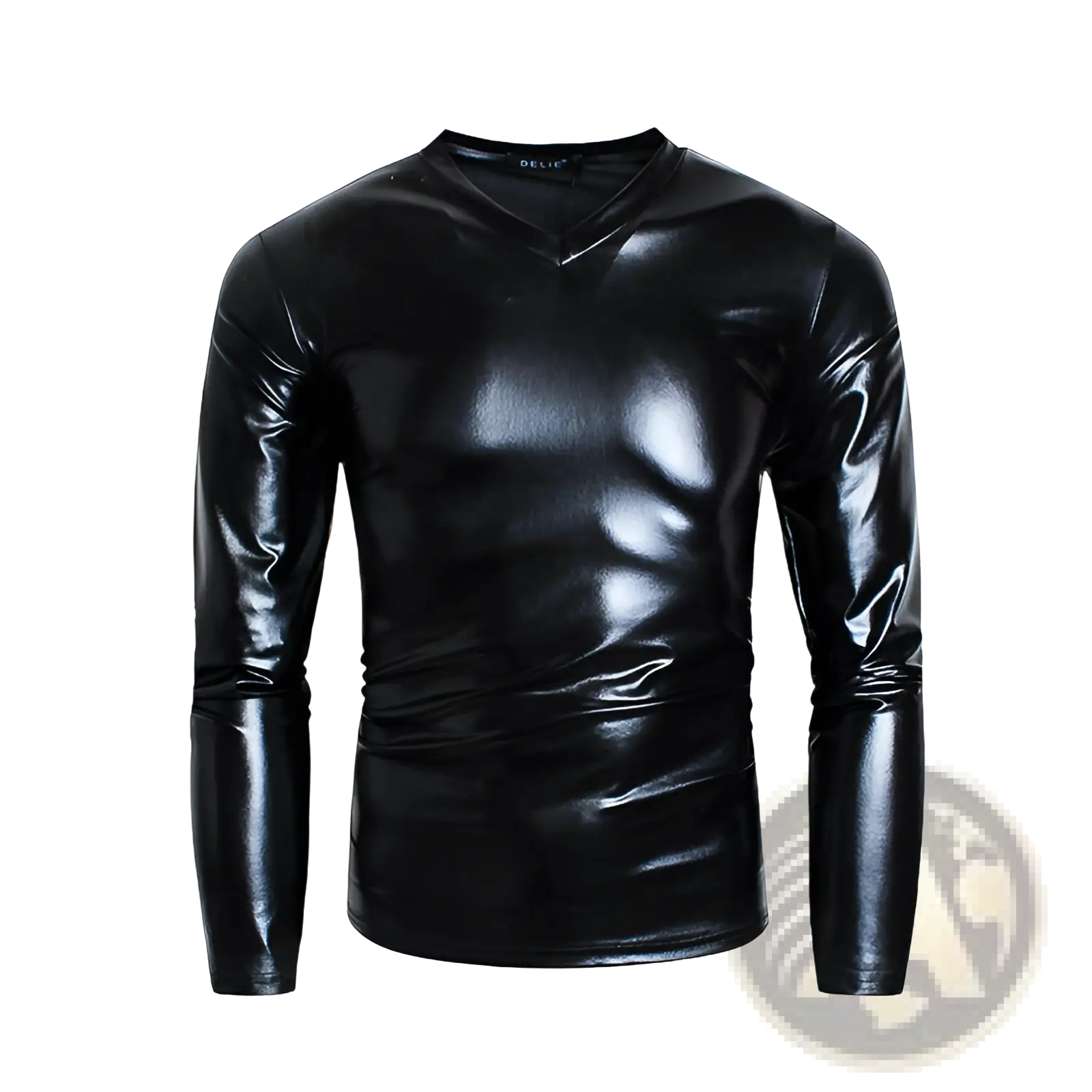 Black glossy faux leather v neck long sleeve shirt showcasing sleek texture and modern design
