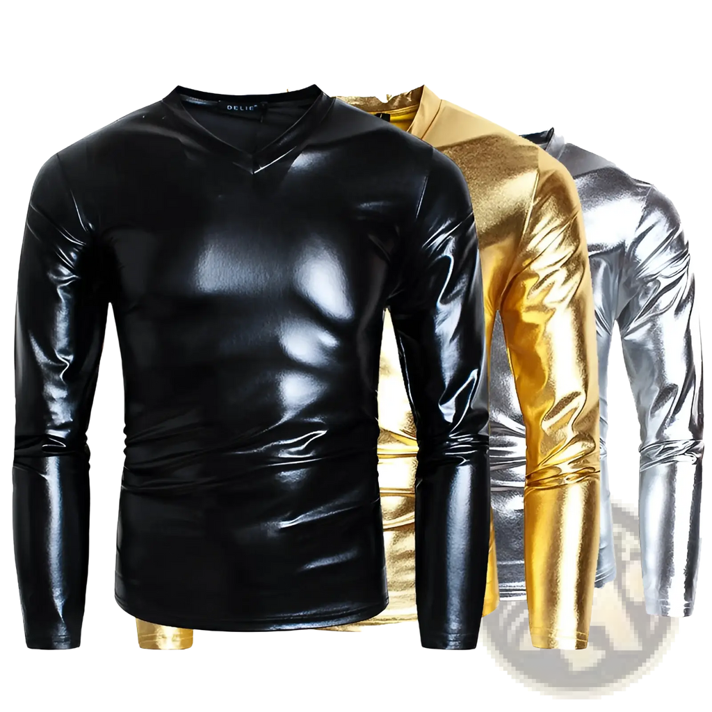 Black shiny faux leather v neck long sleeve shirt with sleek form fitting design for stylish wear