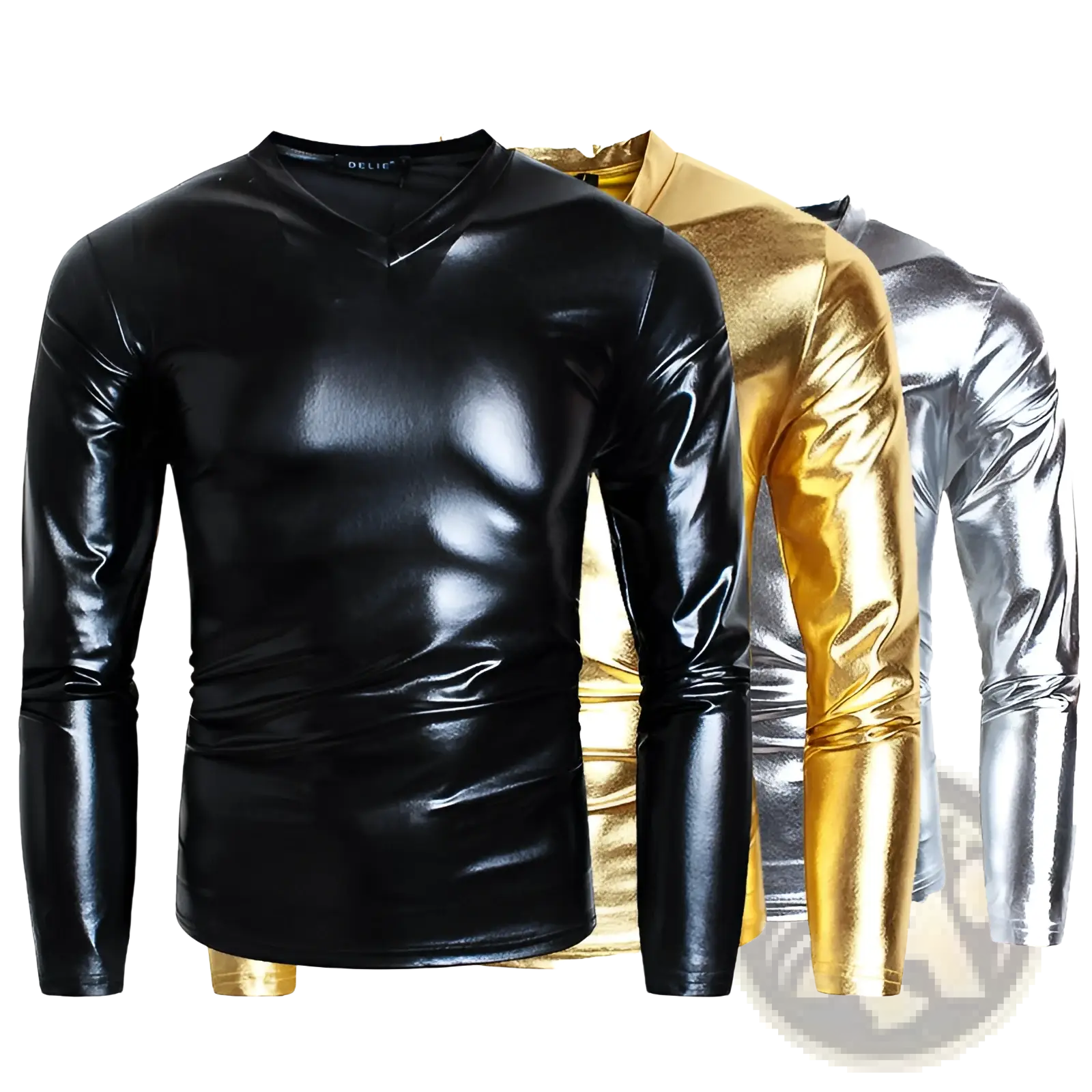 Black shiny faux leather v neck long sleeve shirt with sleek form fitting design for stylish wear
