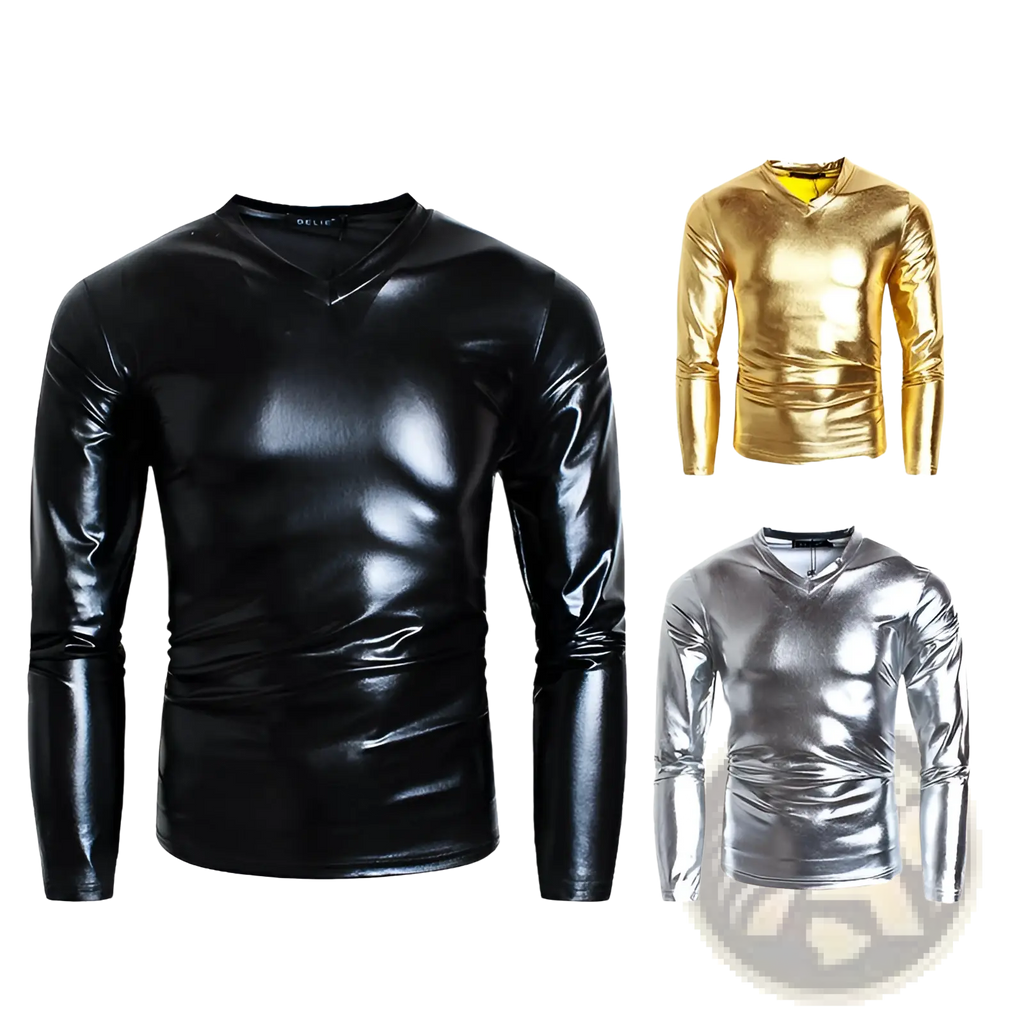 Black shiny long-sleeved v neck shirt with metallic faux leather finish perfect for stylish wear