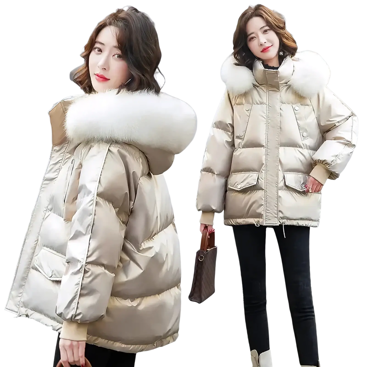 Beige glossy fur collar short duck down puffer jacket with plush white fur-lined hood and quilted design