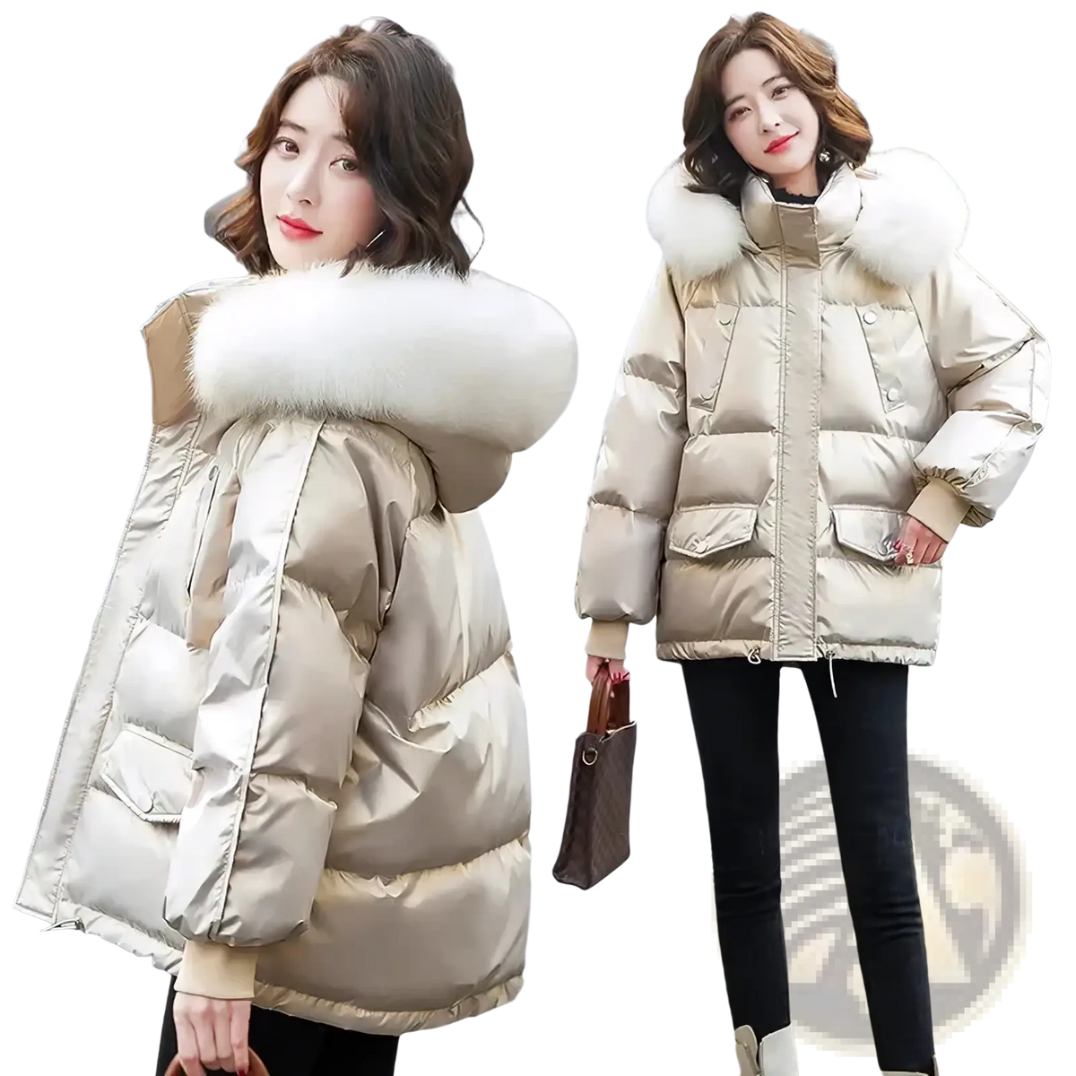 Beige glossy fur collar short duck down puffer jacket with plush white fur-lined hood and quilted design