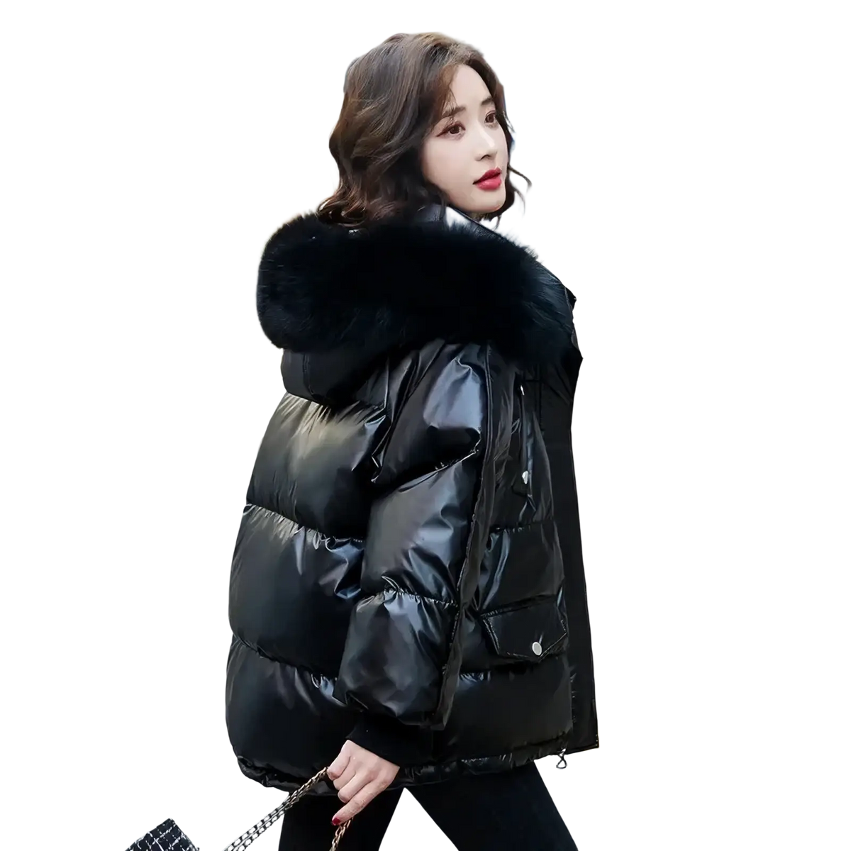 Black glossy short duck down puffer jacket with plush fur-lined hood for warmth and style