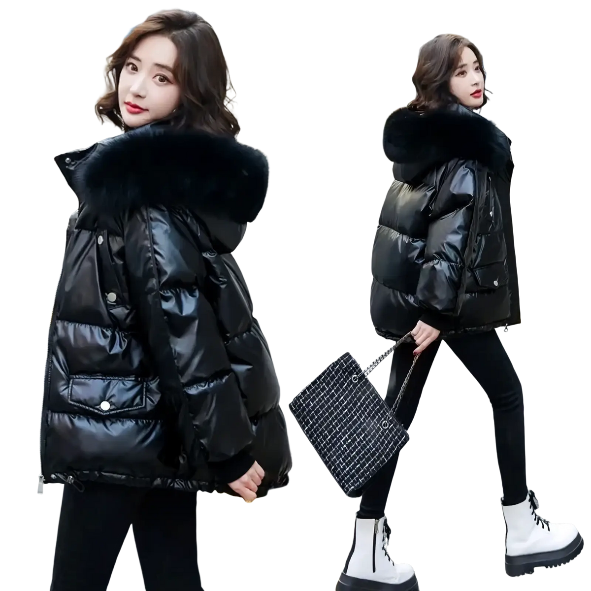 Black glossy short duck down puffer jacket with plush fur-lined hood for cold weather protection