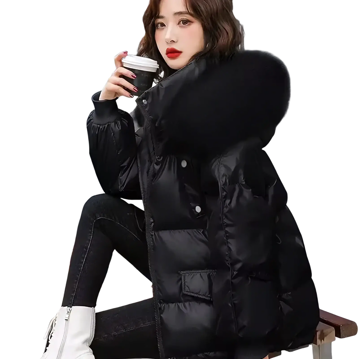 Black glossy short duck down puffer jacket with a plush fur-lined hood for warmth and style in cold weather