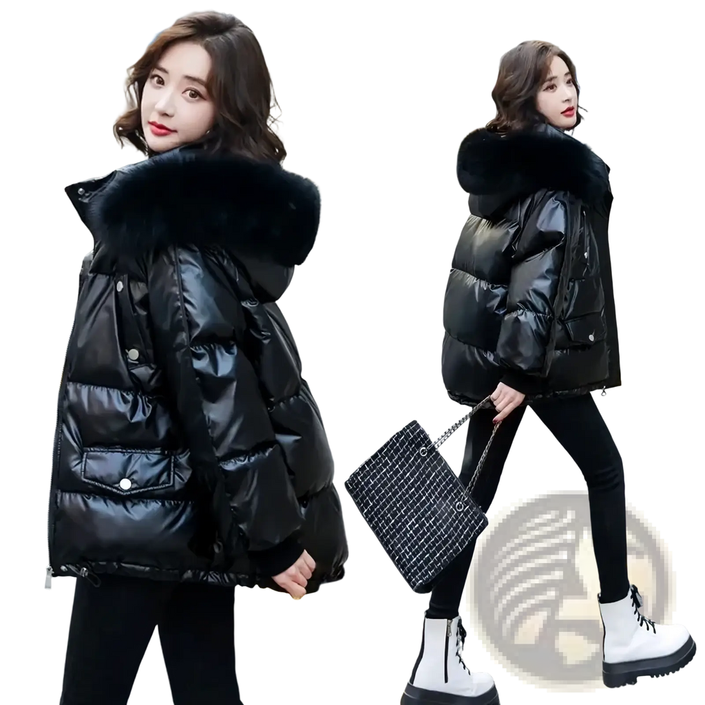 Black glossy short duck down puffer jacket with plush fur-lined hood for cold weather protection