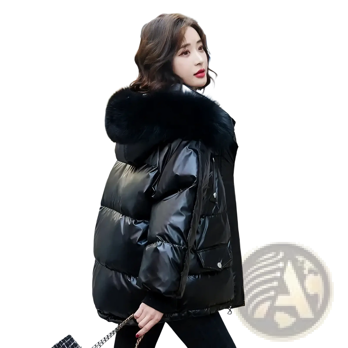 Black glossy short duck down puffer jacket with plush fur-lined hood for warmth and style