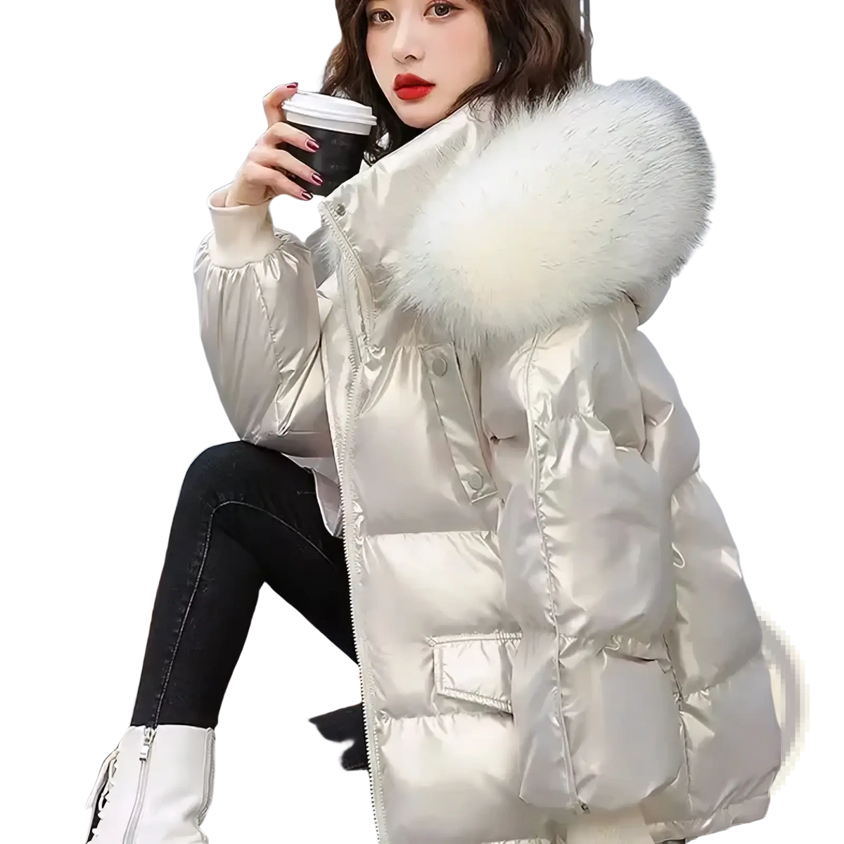 A shiny metallic silver short duck down puffer jacket with a large fluffy white fur-lined hood and glossy finish