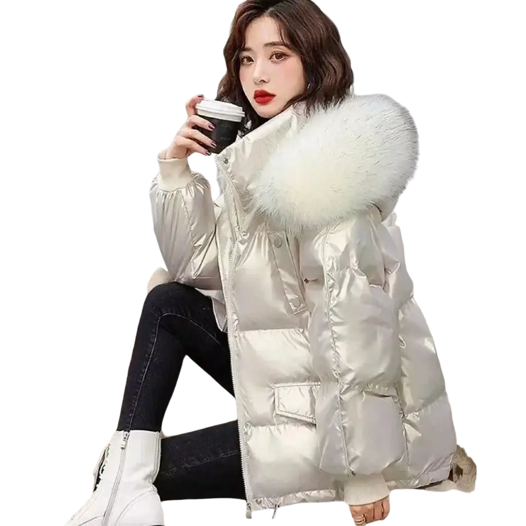 Glossy fur collar short duck down puffer jacket in shiny metallic silver with plush white fur-lined hood