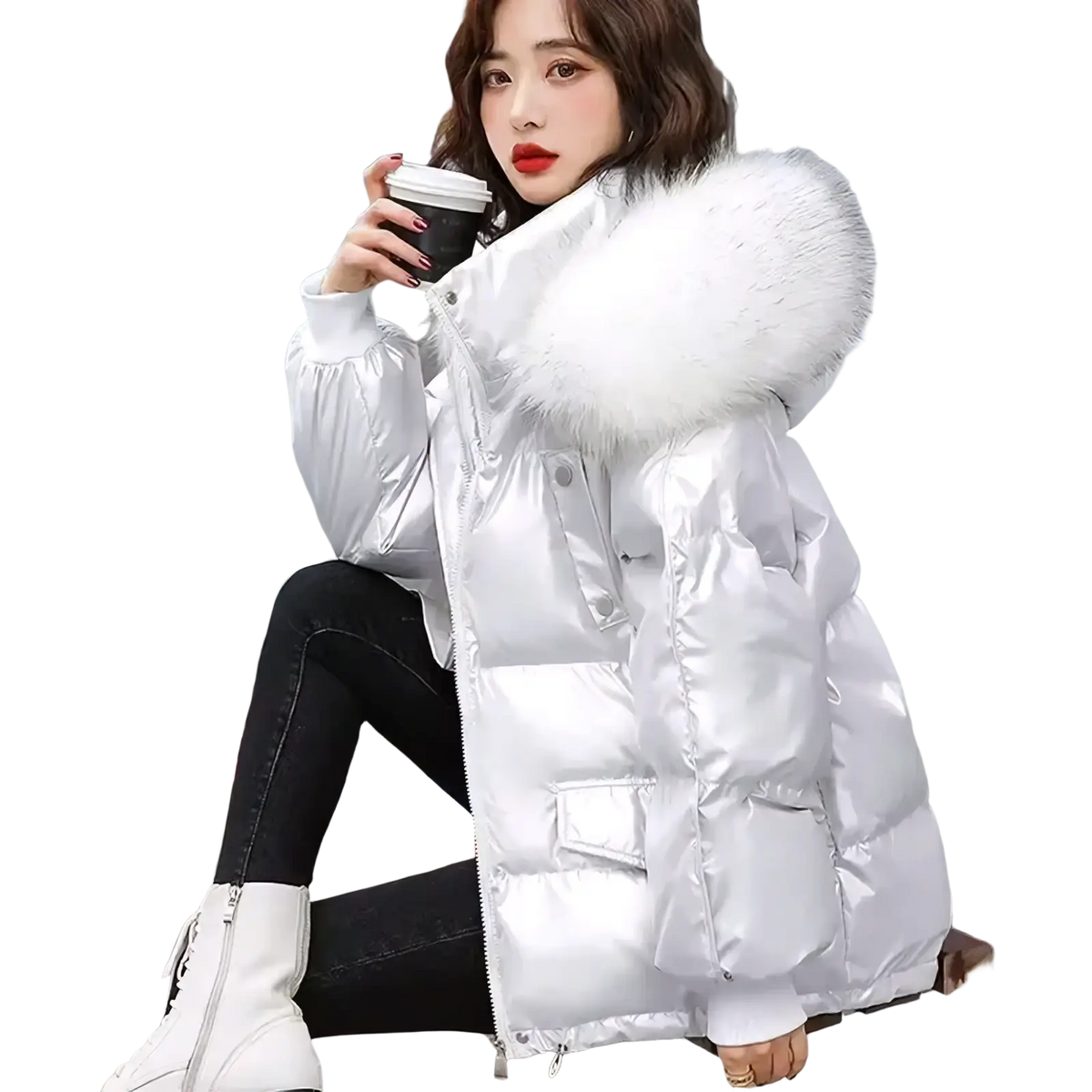 Shiny silver short duck down puffer jacket with a large white fur-lined hood and glossy fur collar